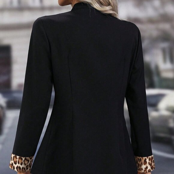 Black Casual Women's Leopard Print Suit Jacket - Picture 2 of 6